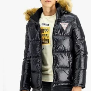 GUESS Black Puffer Jacket with Faux Fur Hood